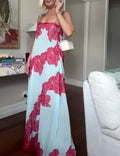 Dusty Blue Lace Print Spaghetti Strap Maxi Dress