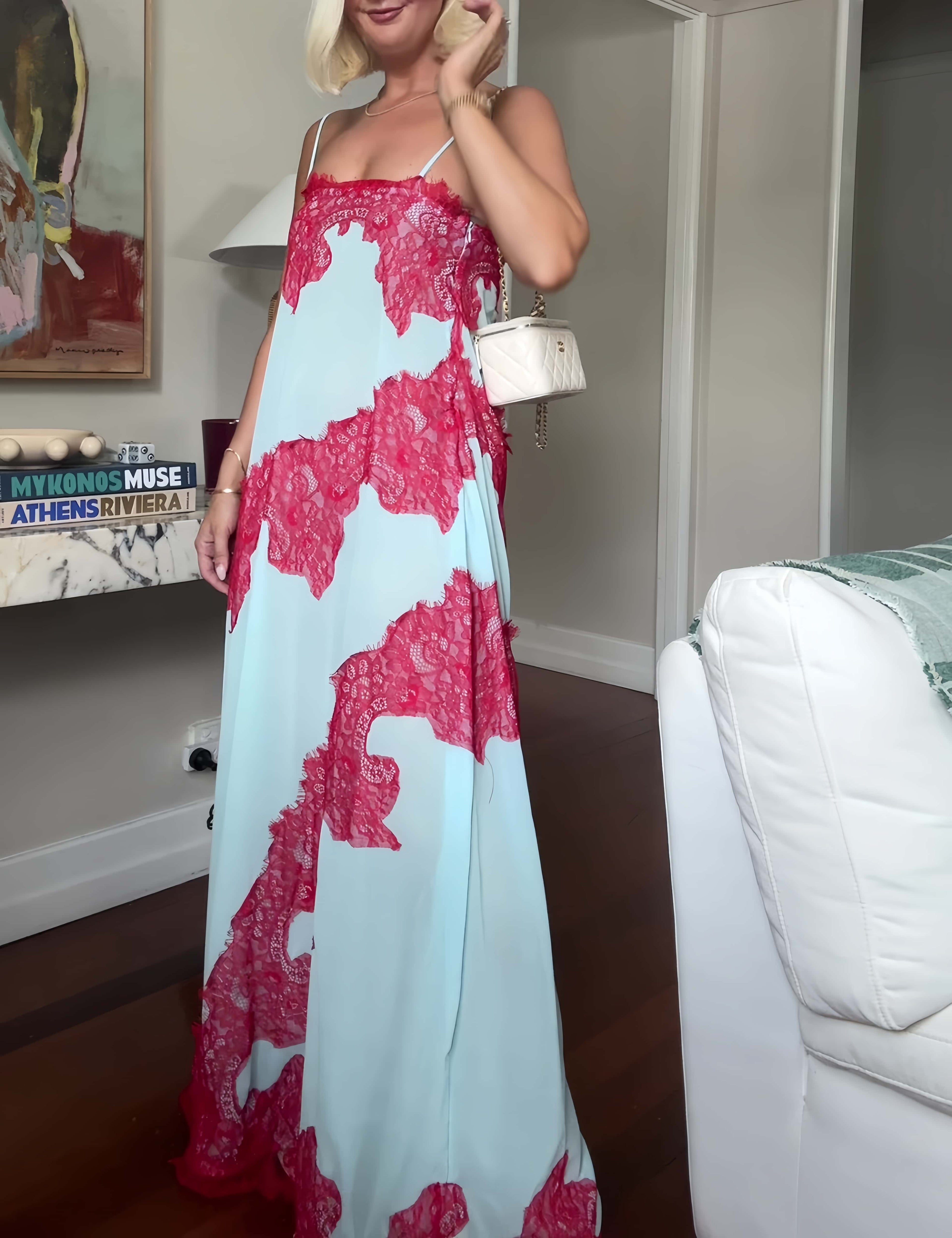 Dusty Blue Lace Print Spaghetti Strap Maxi Dress