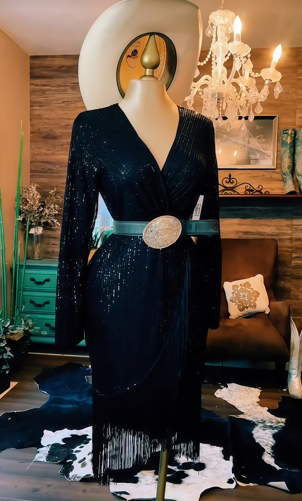 Western Glam Sequin Fringe Wrap Dress