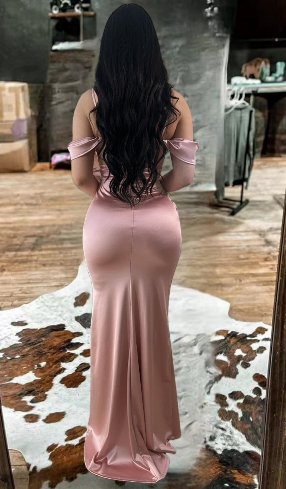 Satin Off-Shoulder Side Slit Bodycon Gown Maxi Dress