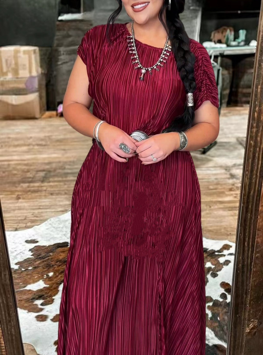 Western Velvet Sunset Pleated Maxi Dress