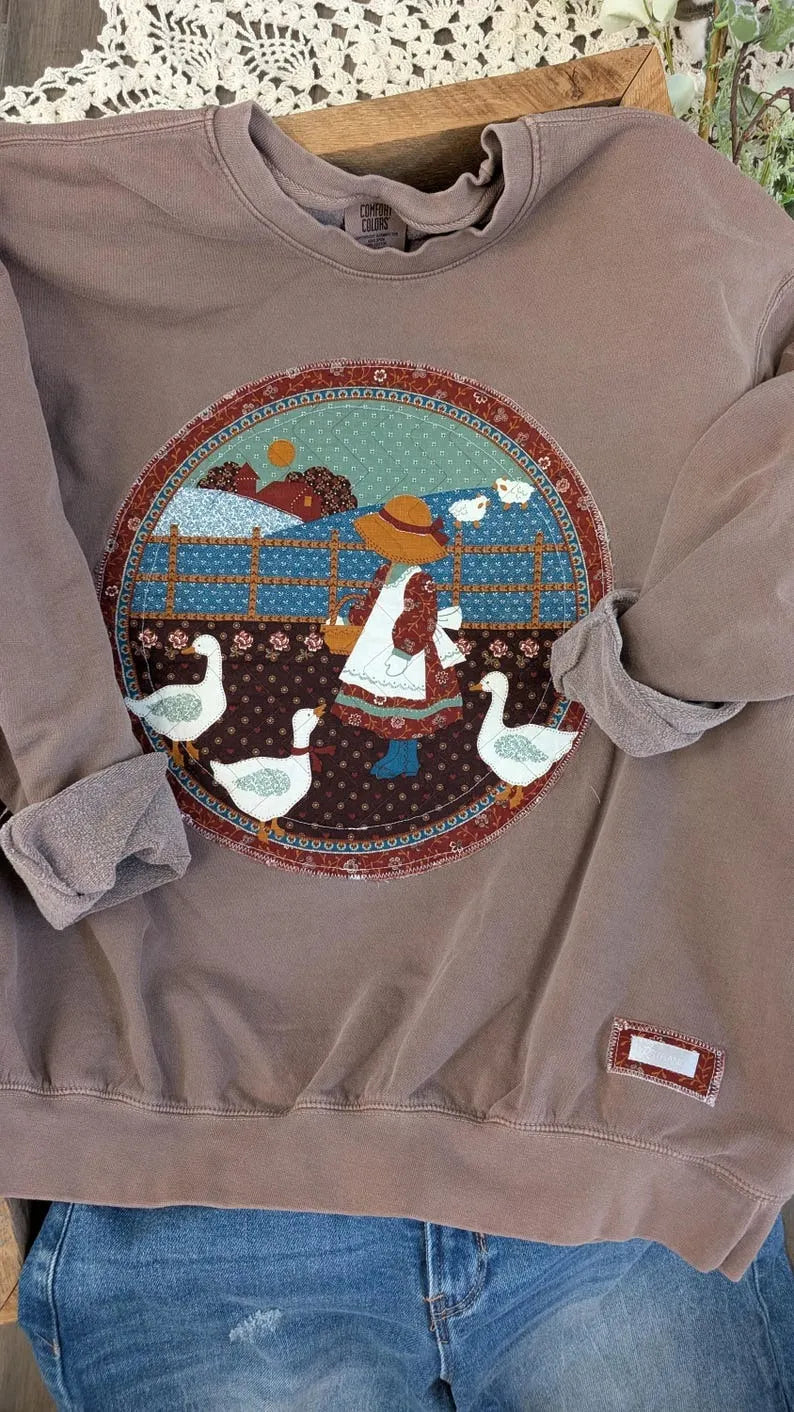 Farm GIRL & Geese Vintage Print  Crewneck