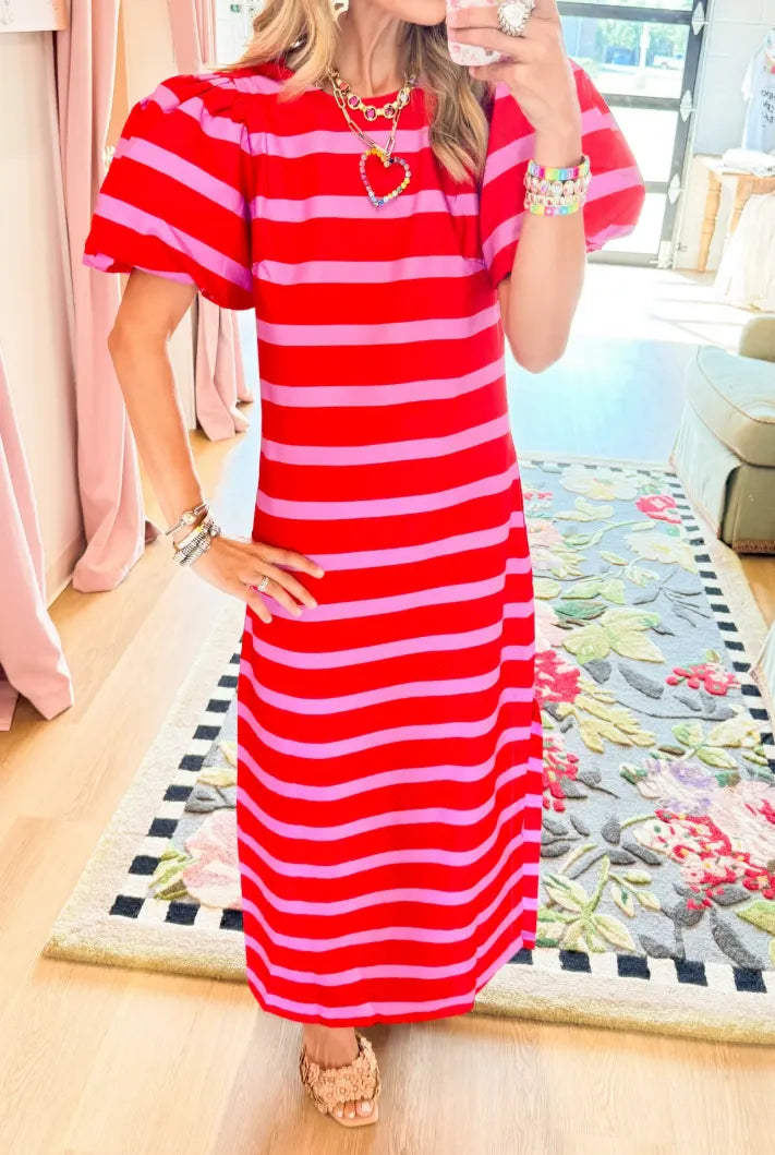 Red and Pink Stripe Puff Sleeve Maxi Dress