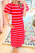 Red and Pink Stripe Puff Sleeve Maxi Dress
