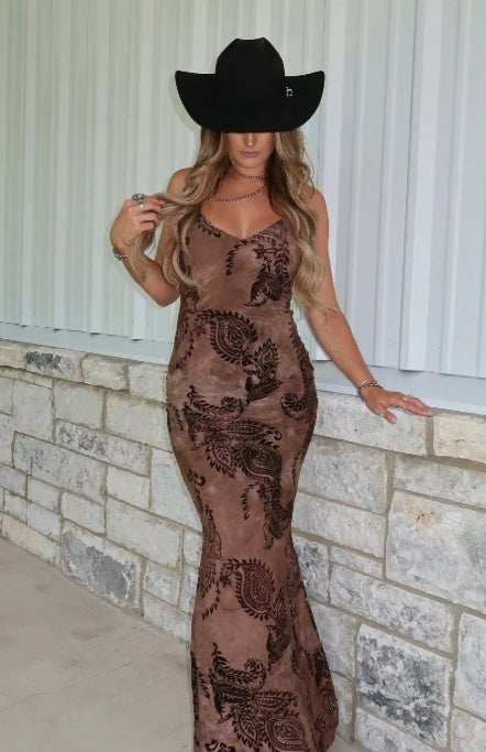 Vintage Tie-Dye Paisley Flocked Maxi Dress