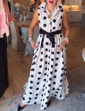 POLKA DOT BUTTON DOWN BELTED SLEEVELESS SHIRT DRESS