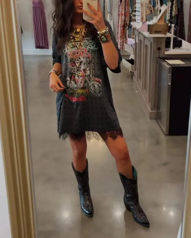 Vintage Rhinestone Print Oversized T-shirt Dress