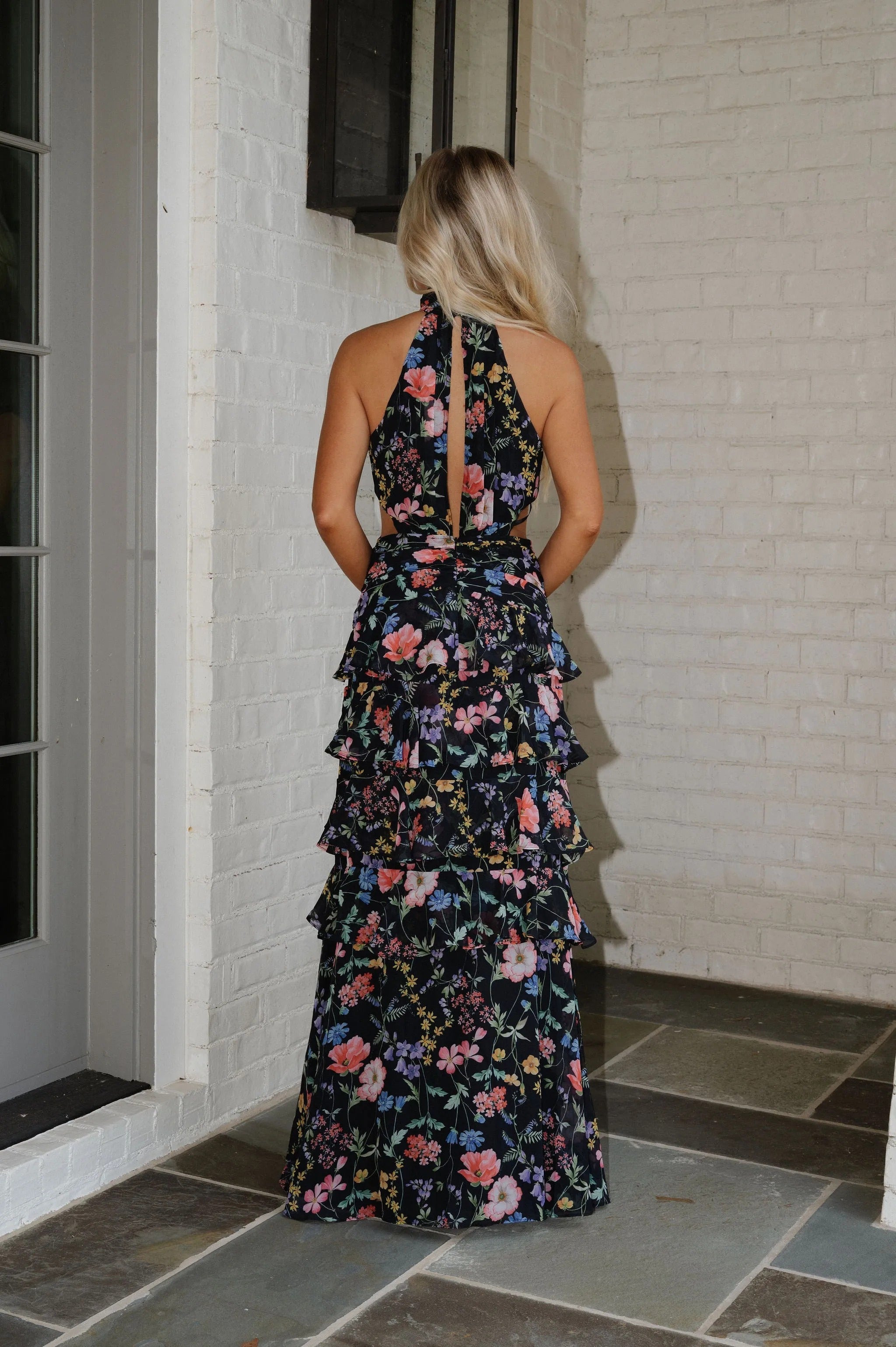 Black Floral Halter Neck Tiered Maxi Dress