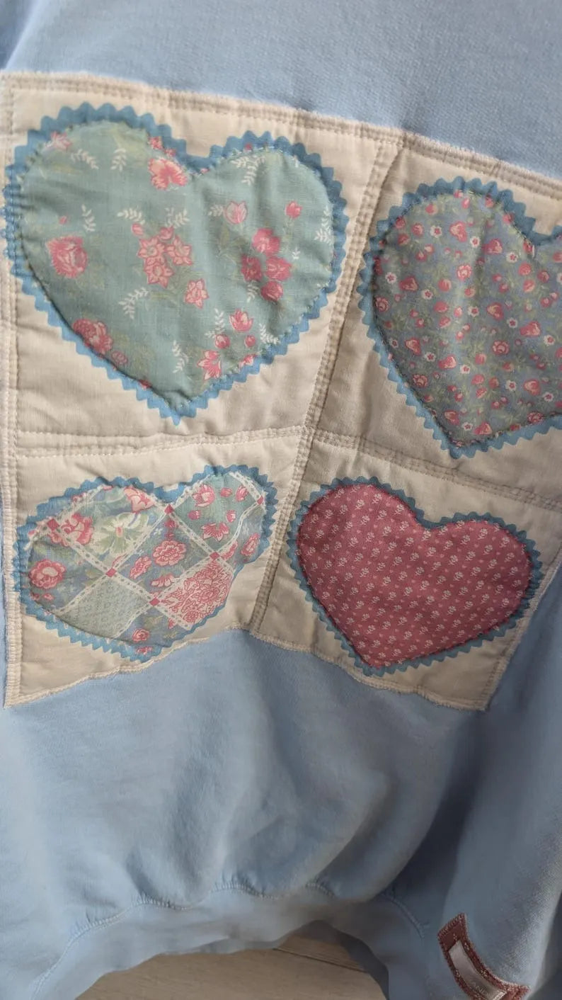 Vintage Quilted HEARTS Print on Pale Blue Crewneck