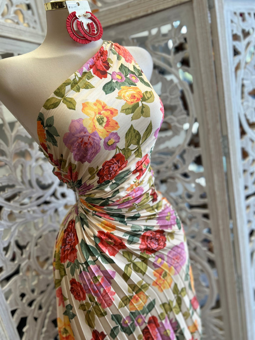 Pleated Floral One Sleeve Dress