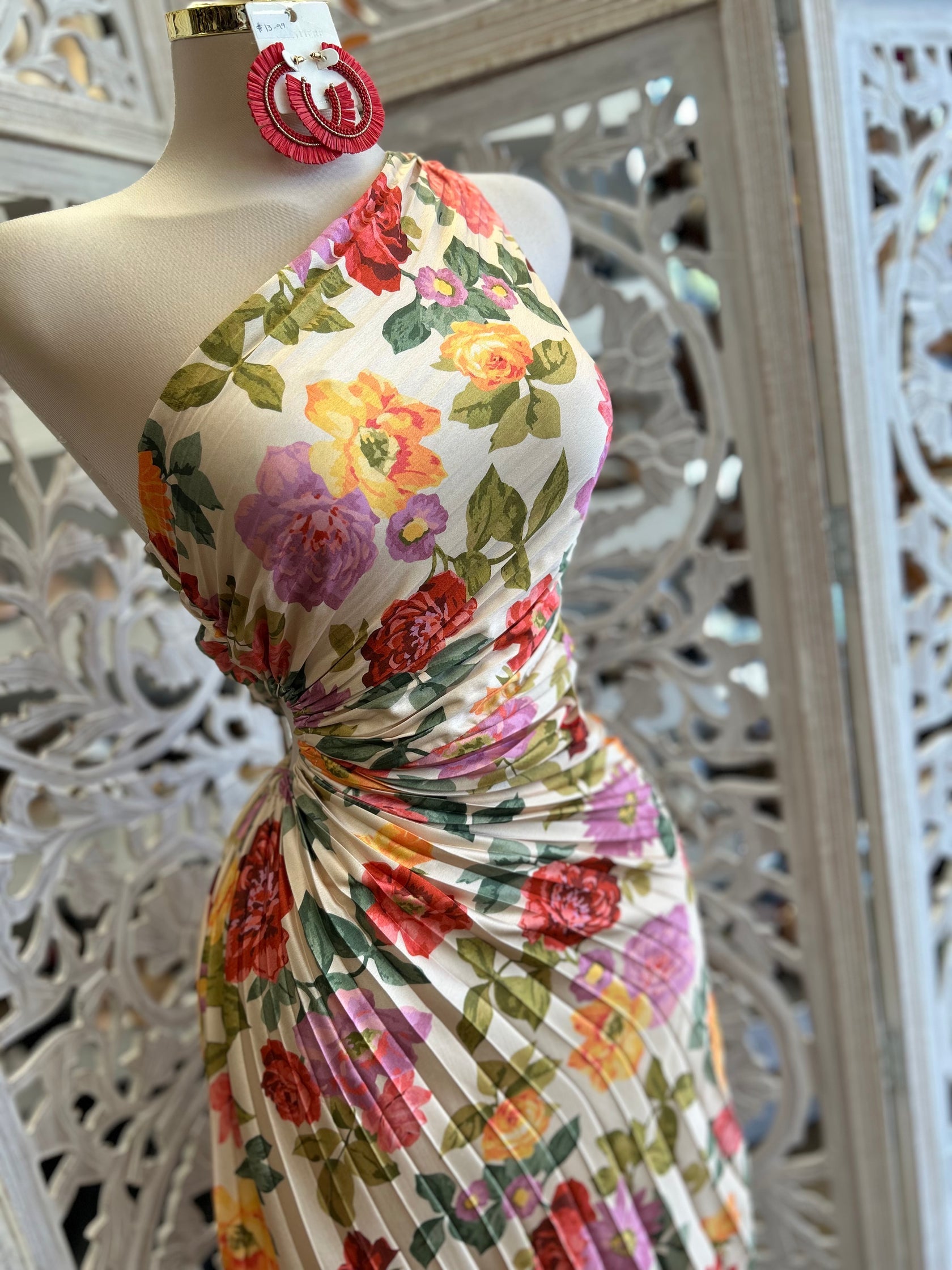 Pleated Floral One Sleeve Dress