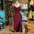 Thick Strap Heart Line Ruffle Dress -Burgundy&Green