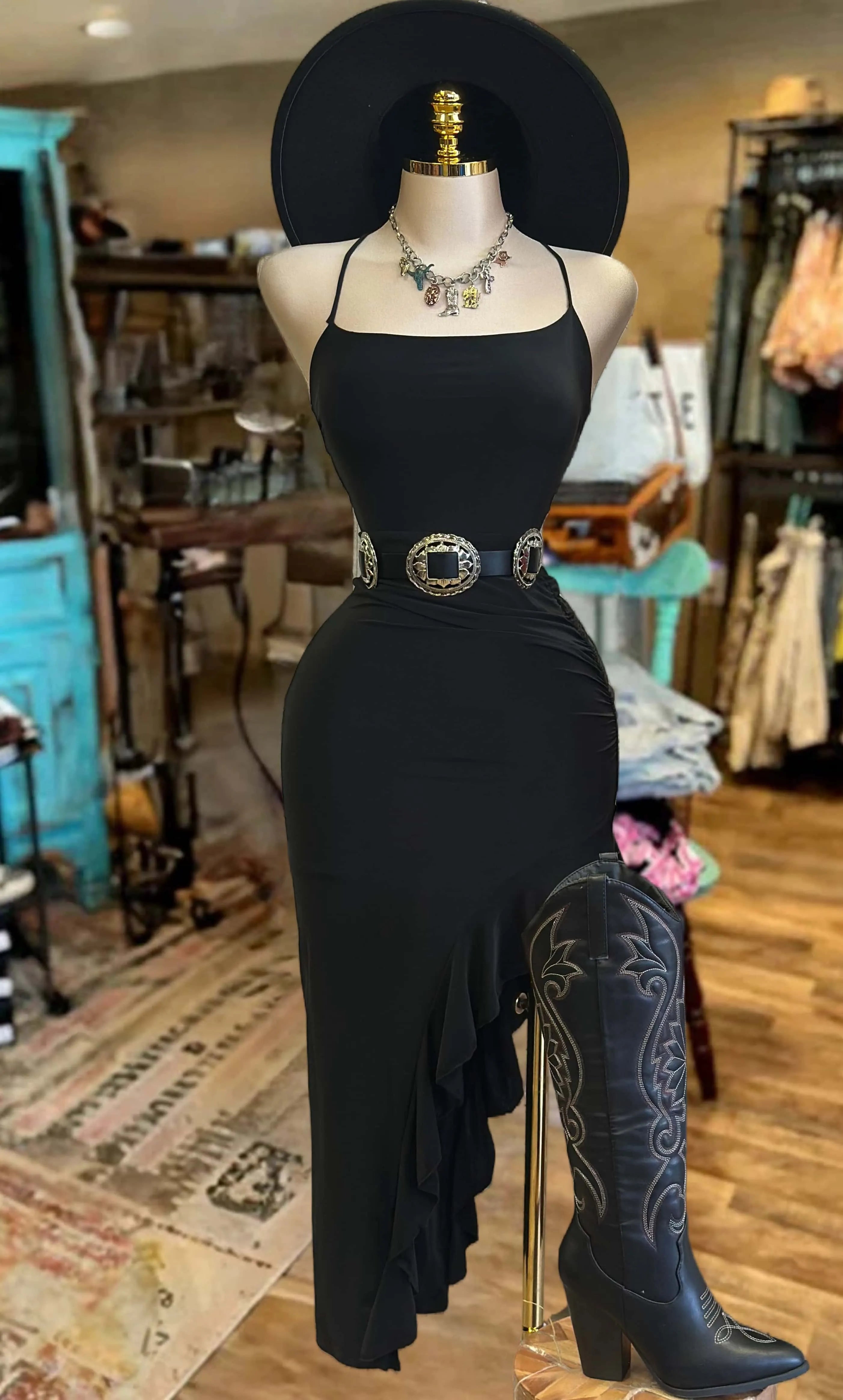 Cross Back Ruffle Dress-Black/Rust