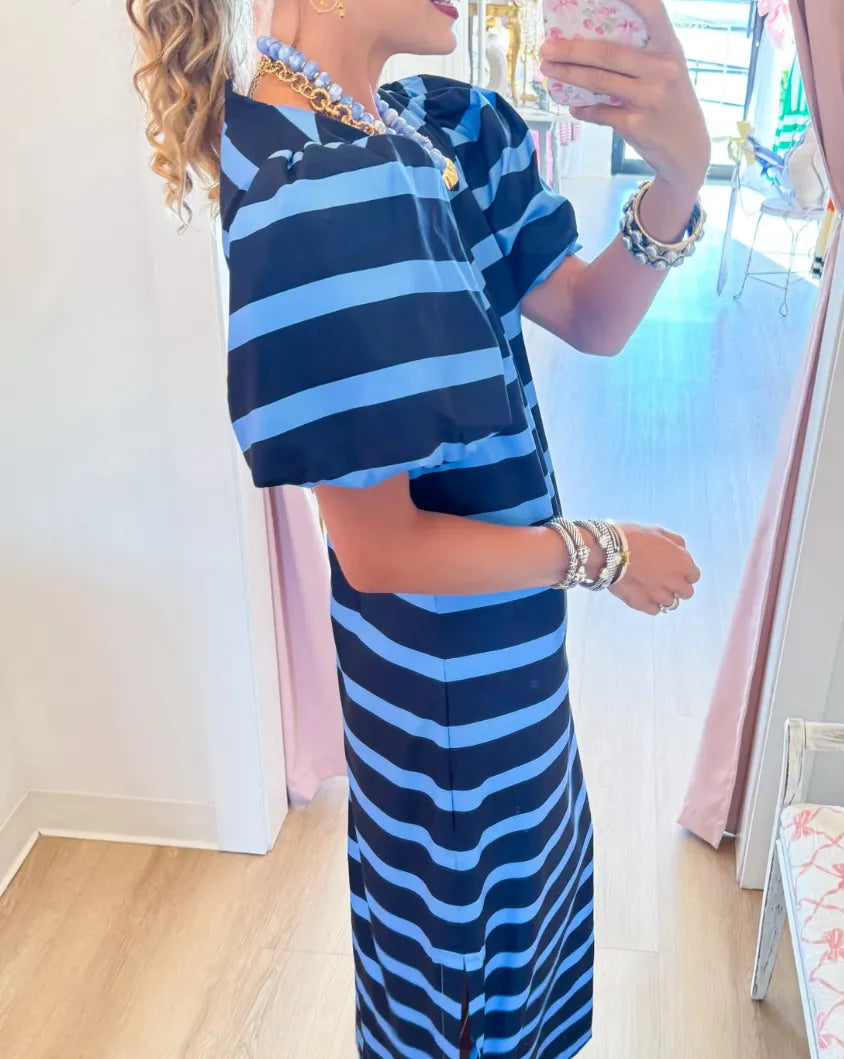 Navy and Blue Stripe Puff Sleeve Maxi Dress
