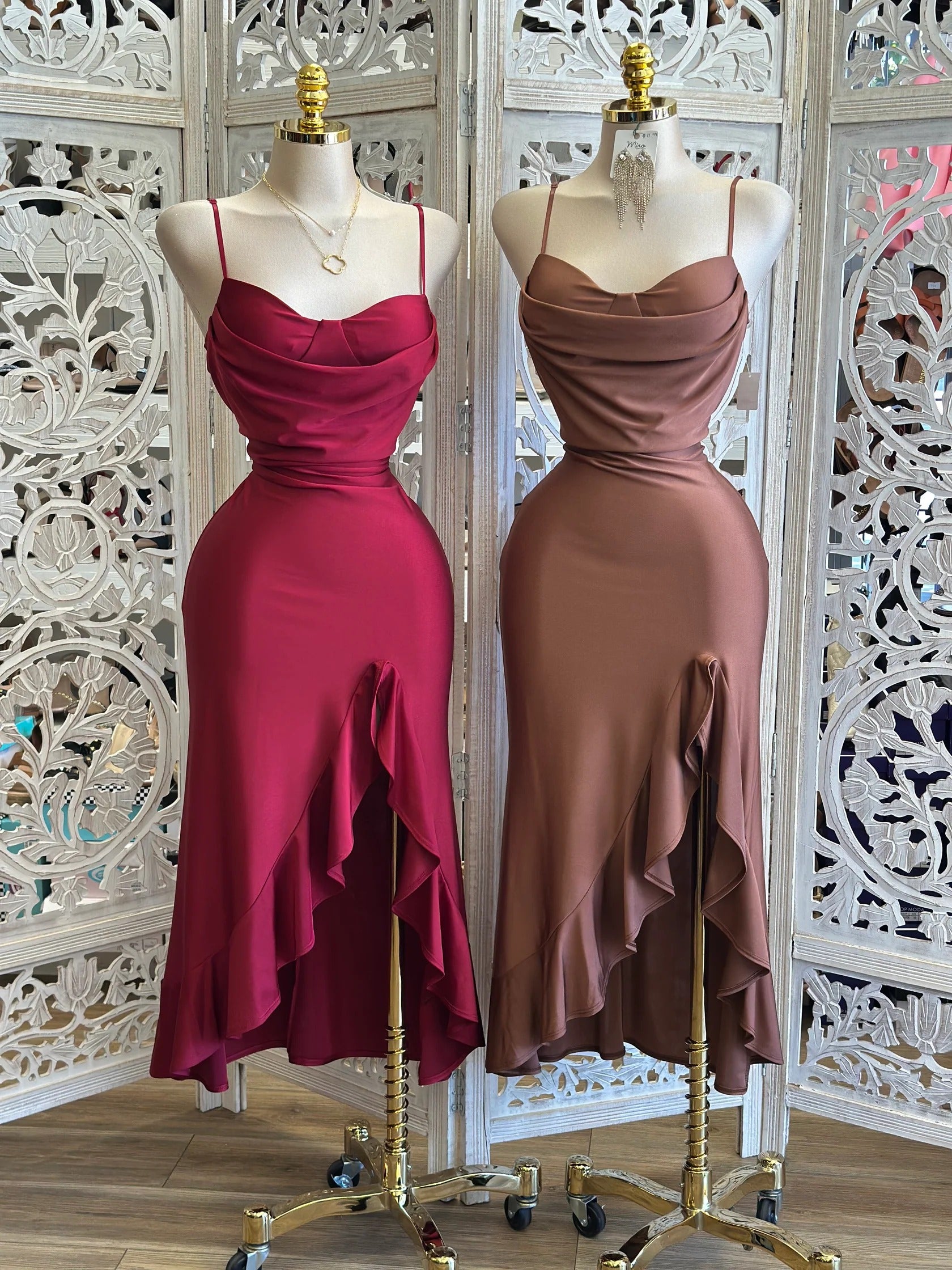 Ruffle Slit Cami Midi Dress -Pink & Brown &Burgundy