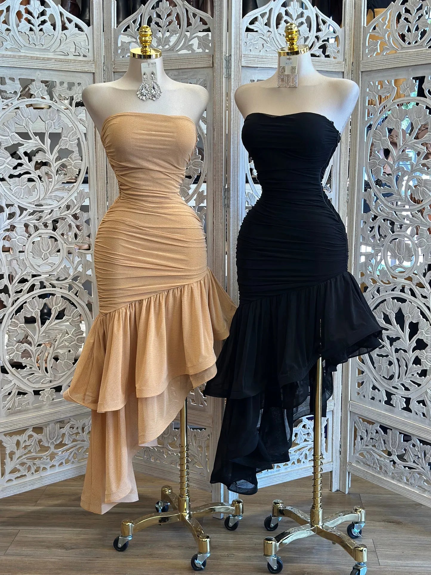 Strapless Asymmetrical Ruffled Dress