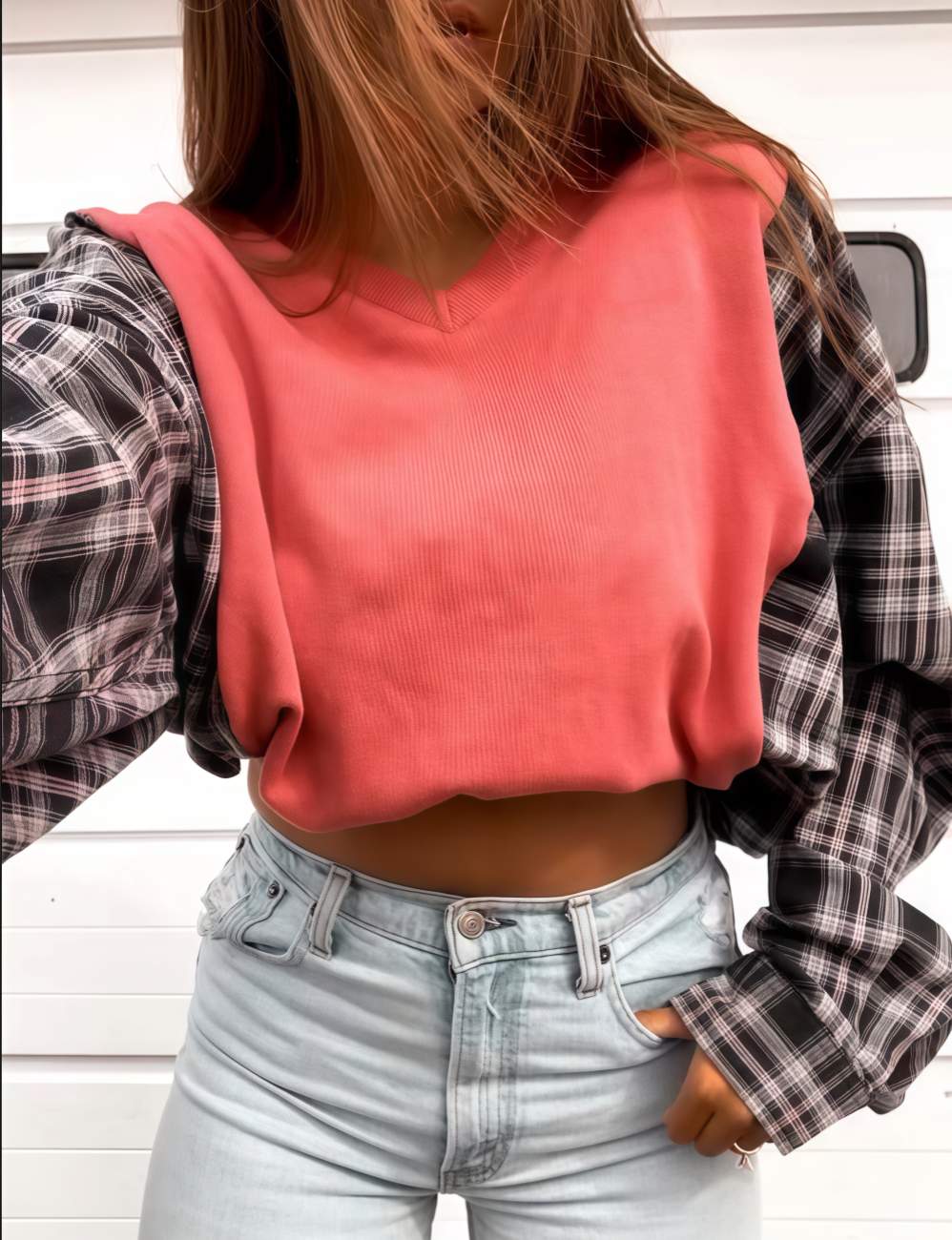Women's Autumn Plaid Colorblock Top