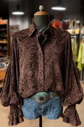 Vintage Floral Print Lantern Sleeve Velvet Top