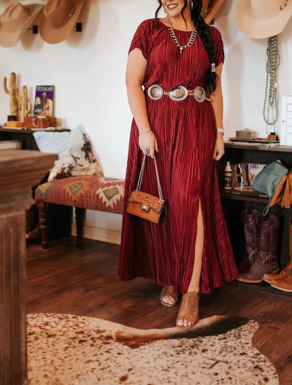 Western Velvet Sunset Pleated Maxi Dress