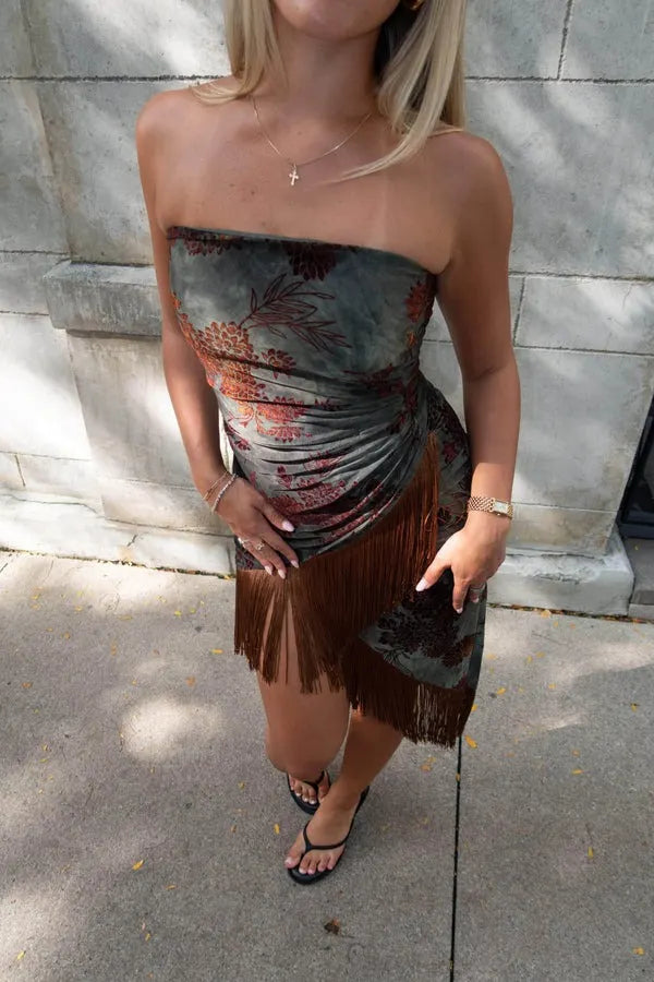 Elegant Asymmetrical Fringe Hemline Midi Dress