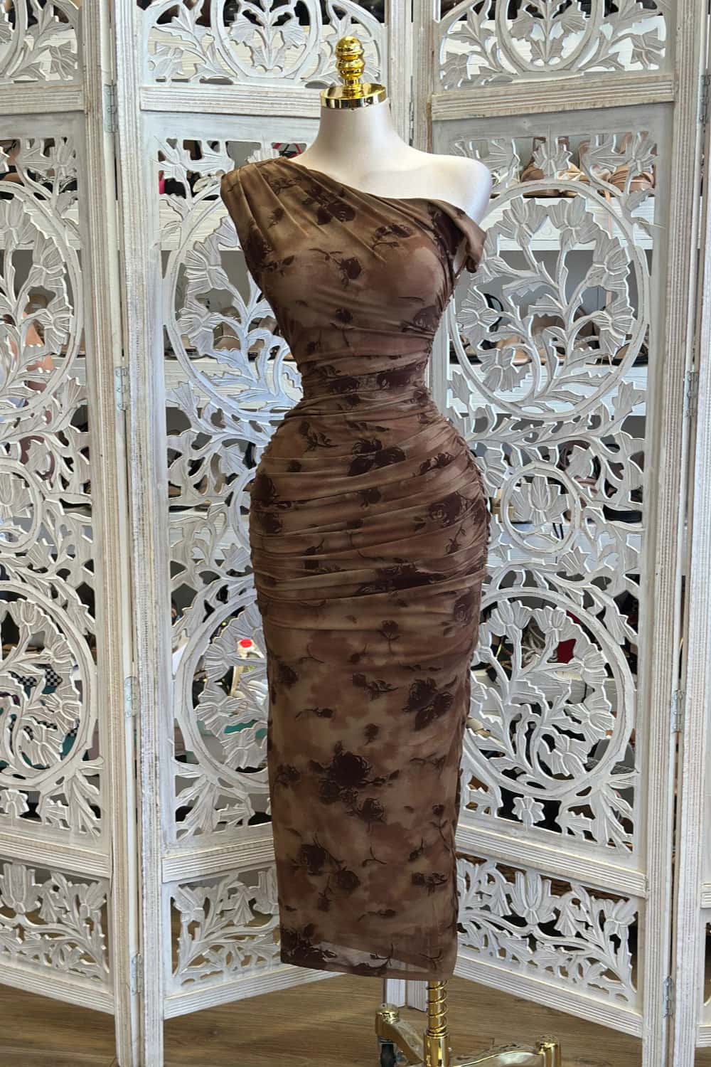 Asymmetrical Wrapped Floral Dress-Estira, Stretchy