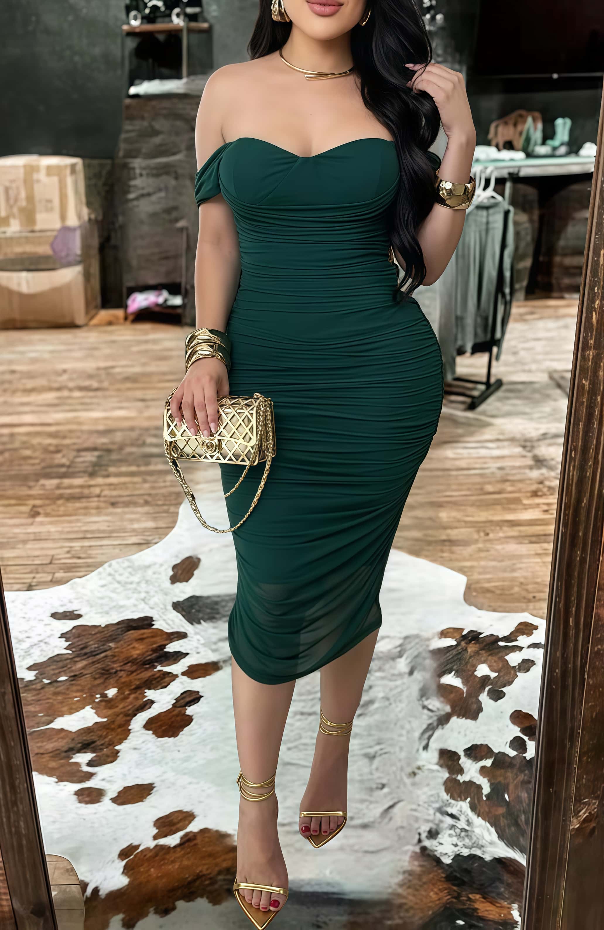 Western Ruched Bodycon  Mesh Midi Dress