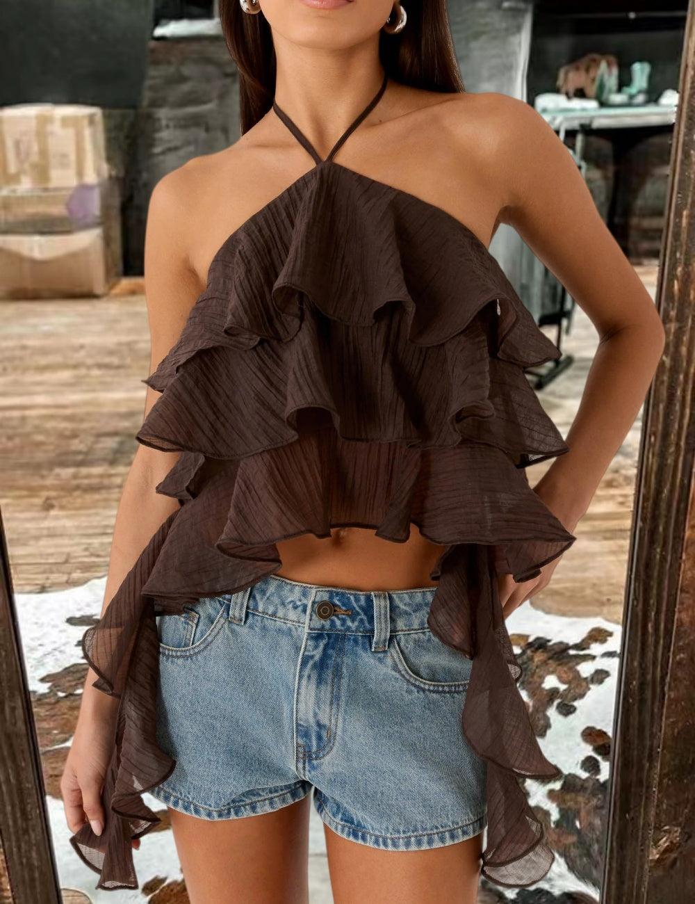 Frill Halter Top - Chocolate