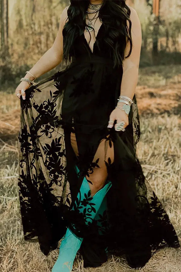 Beautiful V-Neck Floral Pattern Mesh Dress
