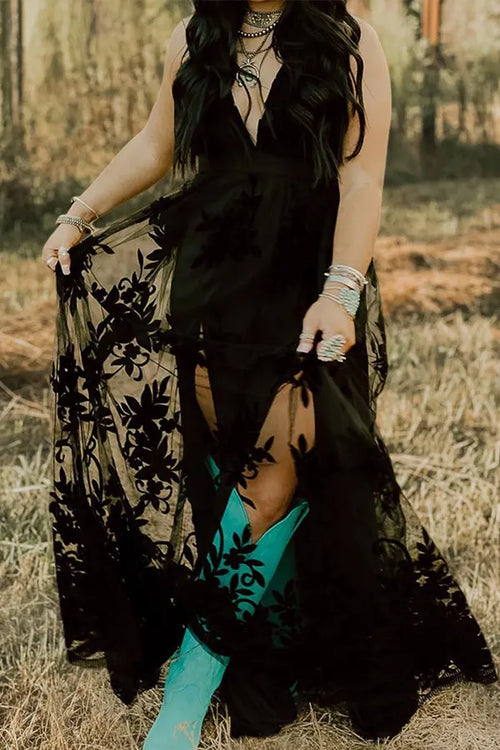 Beautiful V-Neck Floral Pattern Mesh Dress