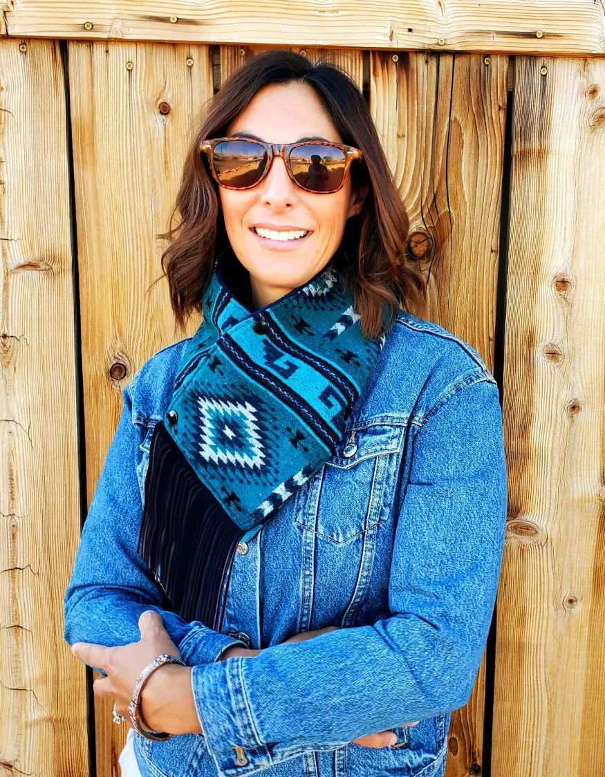 Women's Western Fringed Scarf - Blue Aztec Pattern