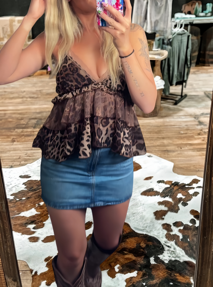 Chiffon Leopard V-neck Lace Trim Cami Top