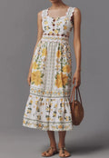 Sleeveless Scallop-Trim Printed Midi Dress