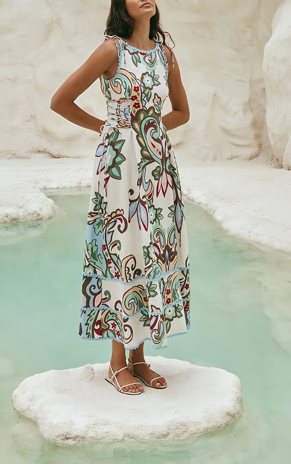 Bohemian Floral Lace-Up Waist Midi Dress