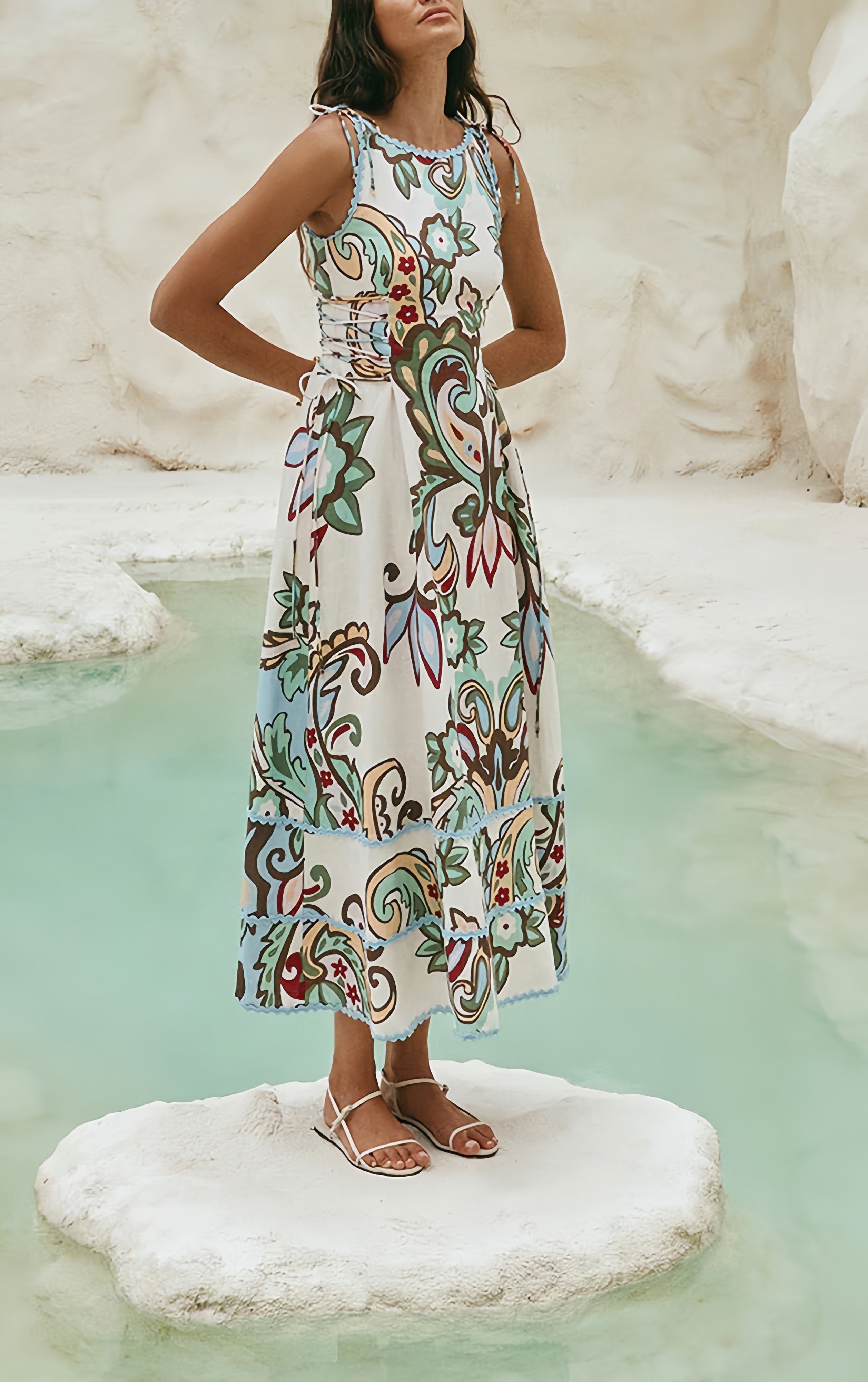 Bohemian Floral Lace-Up Waist Midi Dress