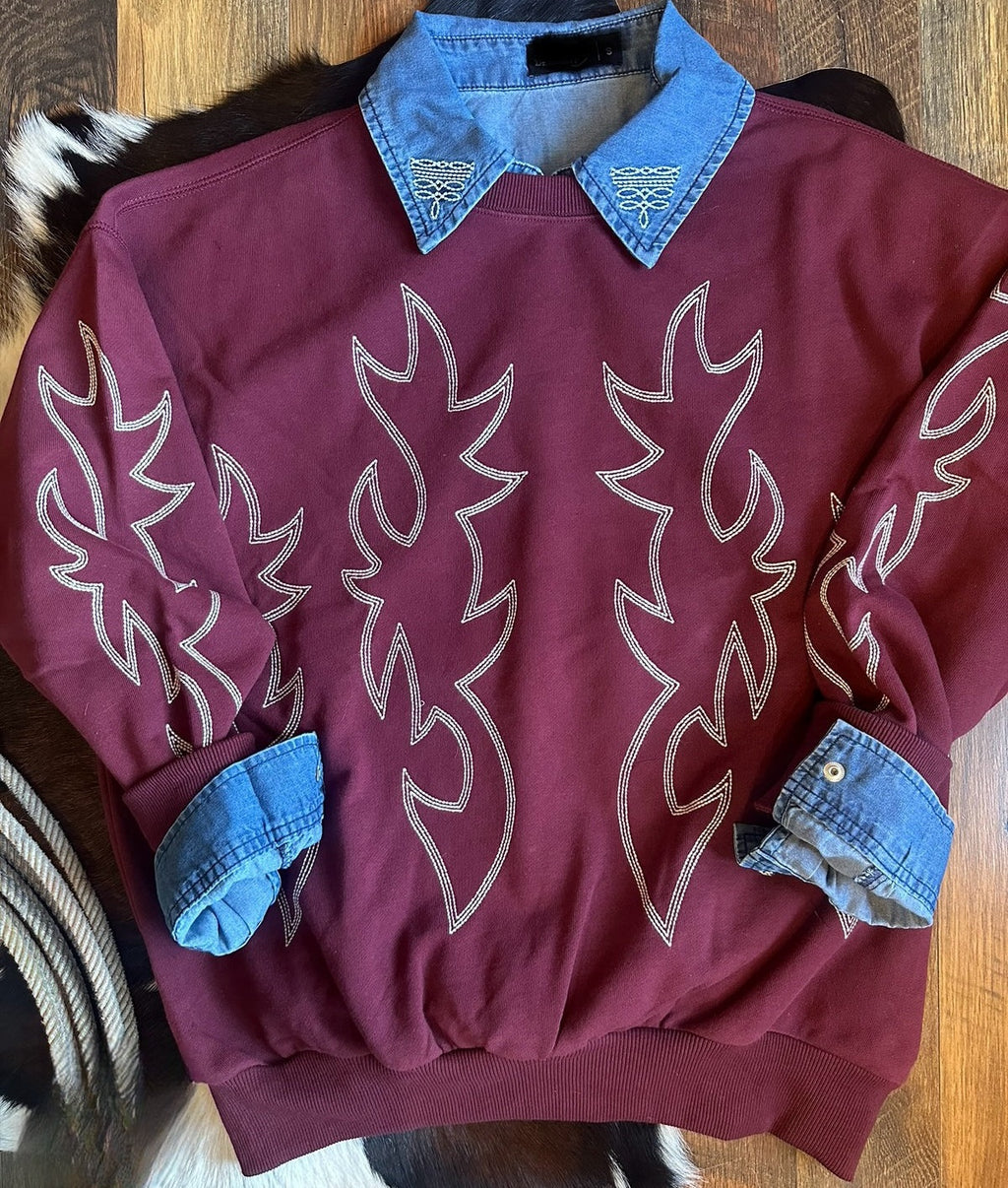 Western Boot Stitched Sweatshirt -Vintage Red