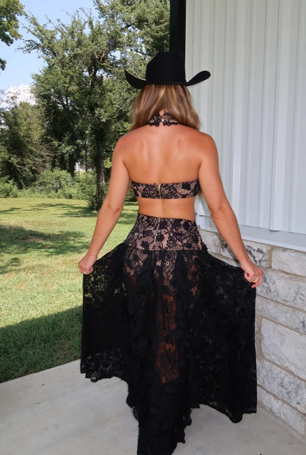 Western Chic Black Halter Lace Maxi Dress