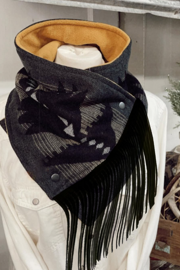 Women's Western Fringed Scarf - Black/White Aztec Pattern