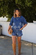 Made The Right Call Denim Embroidered Top + Short Set