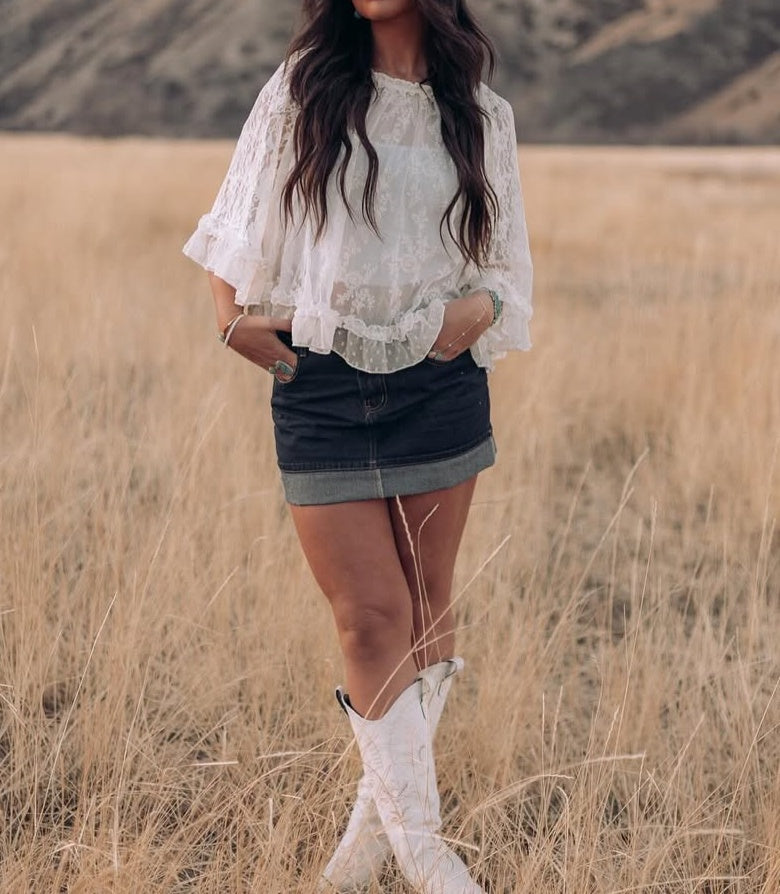 White Lace Ruffle Sleeve Top