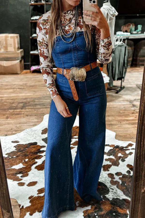 Retro Washed Tube Top Wide Leg Denim Jumpsuit