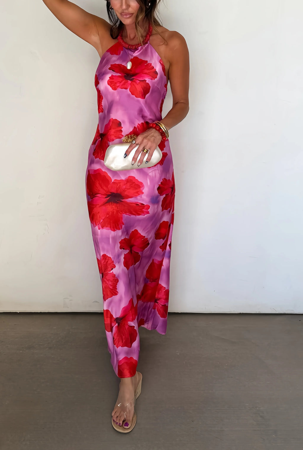 Rose Allure Satin Halter Maxi Dress