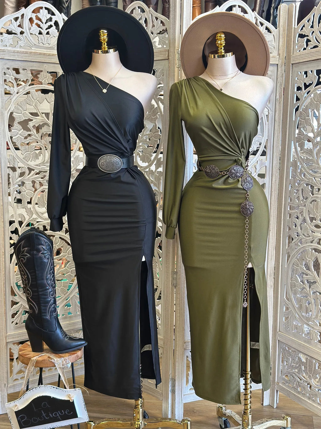 One Sleeve Knotted Midi Dress-Black &Olive