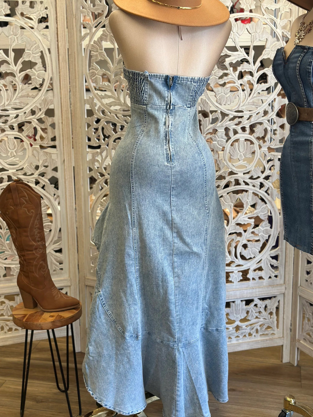 Light Denim Ruffle Midi Dress