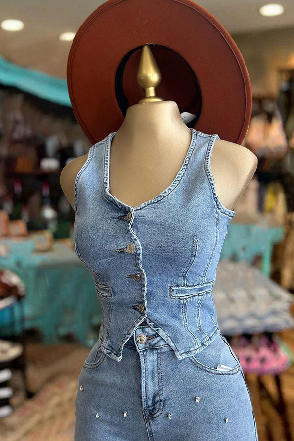 Denim Vest Button Top-0520