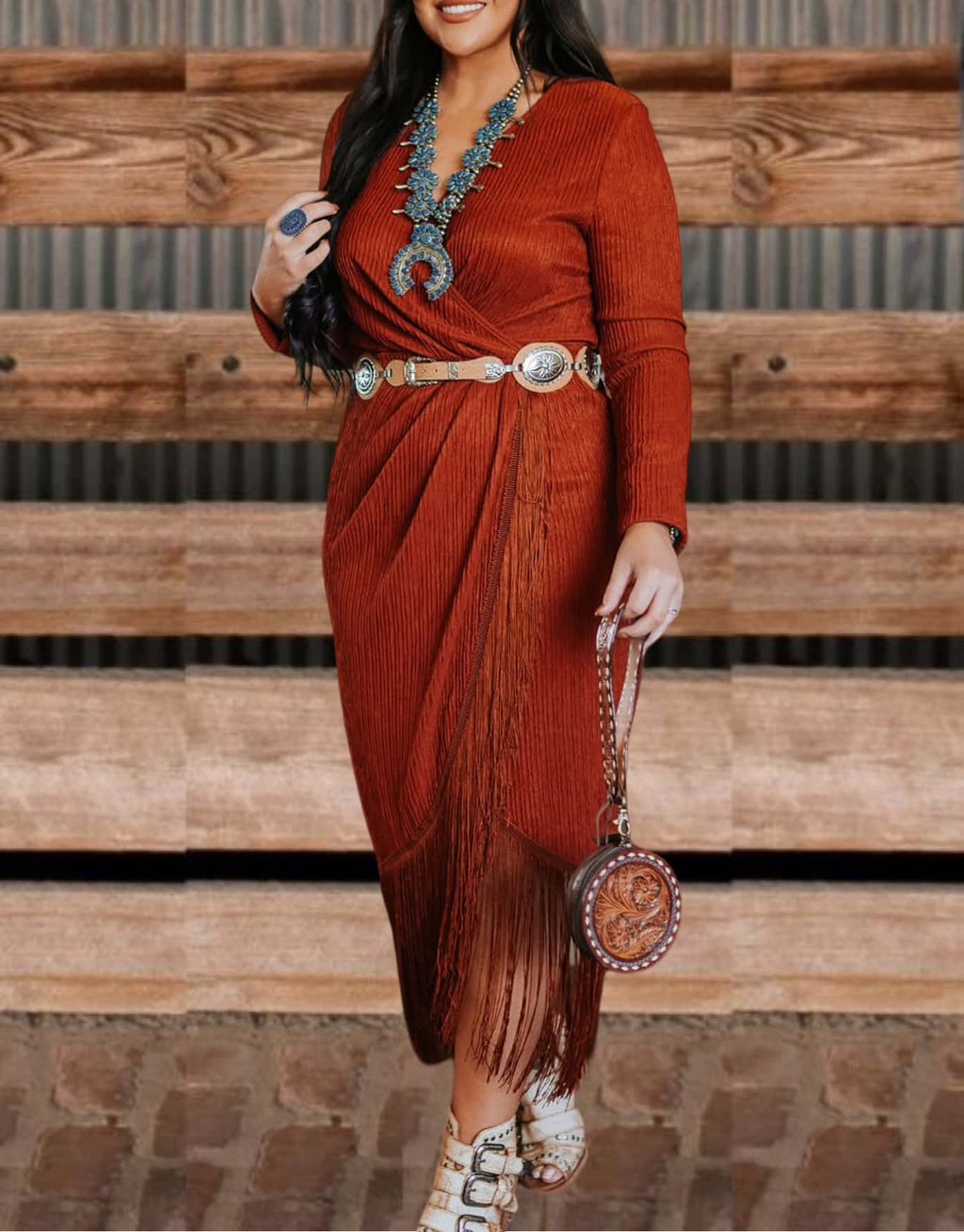 Rodeo Fringe Long Sleeve V-Neck Dress
