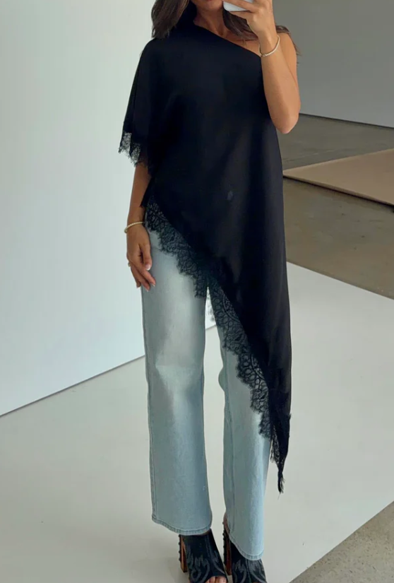 Asymmetric Lace Top in Black