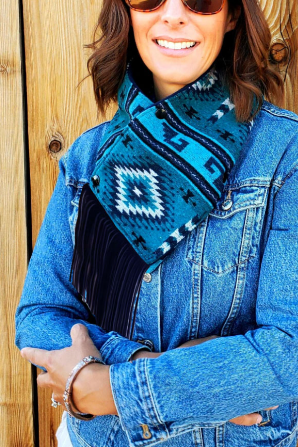 Women's Western Fringed Scarf - Blue Aztec Pattern