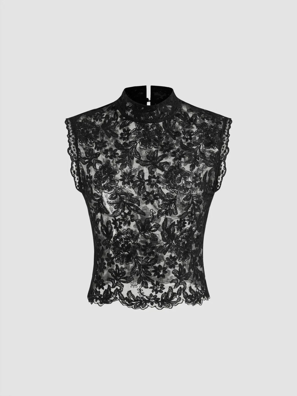 Lace Mandarin Collar Floral See-through Tank Top
