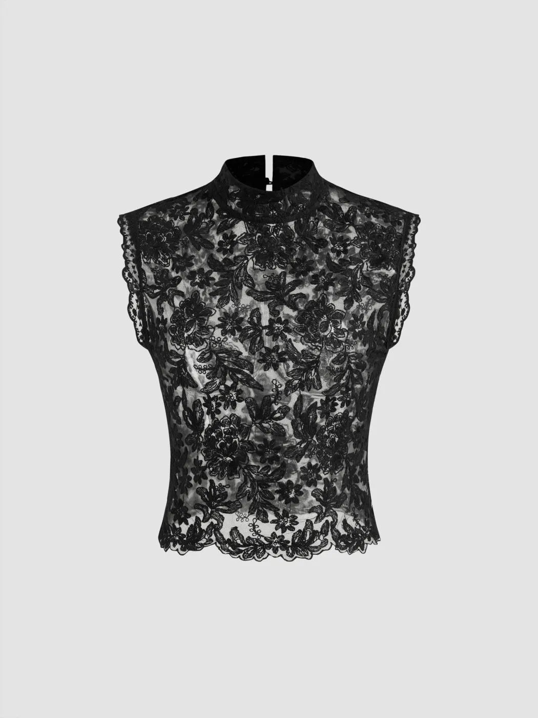 Lace Mandarin Collar Floral See-through Tank Top