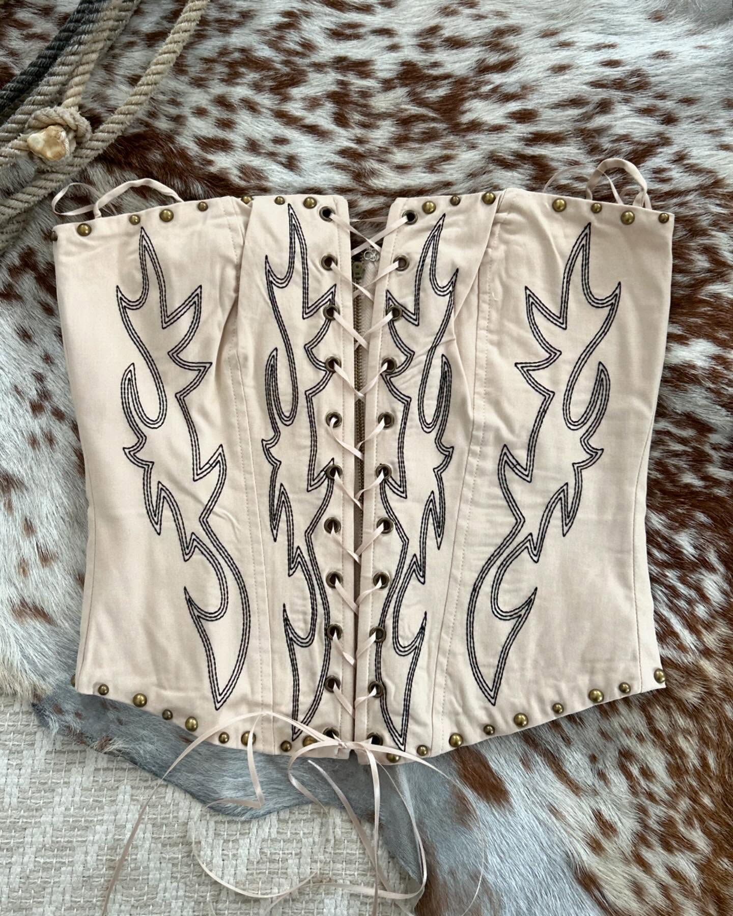 Western Embroidered Studded Lace Front Corset Top